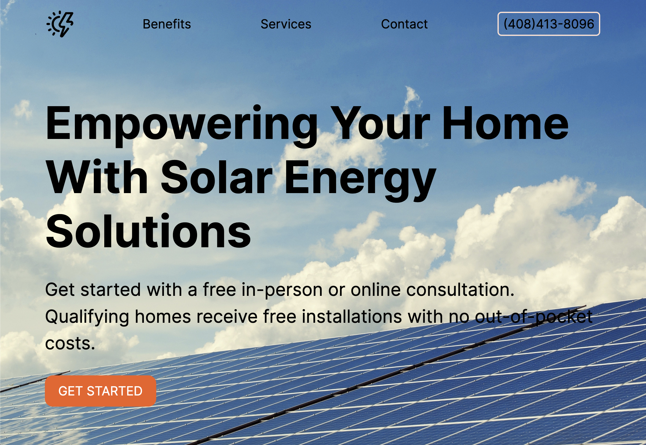 website landing page with sky and solar panels